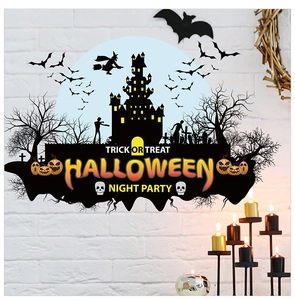 Detailed Halloween wall stickers featuring witch and bats on a white brick wall