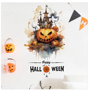 Watercolor Halloween wall decal with spooky castle on pumpkin and Happy Halloween text