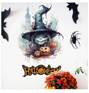 Detail of Halloween wall stickers with watercolor witch, pumpkins and castle silhouettes