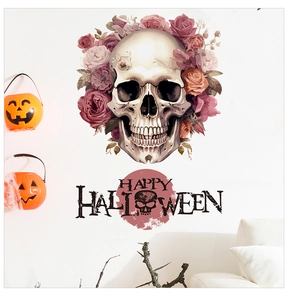 Close-up of Halloween skull wall sticker with roses and Happy Halloween text decor