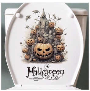 Detailed Halloween toilet lid decal featuring pumpkin lanterns and spooky bats