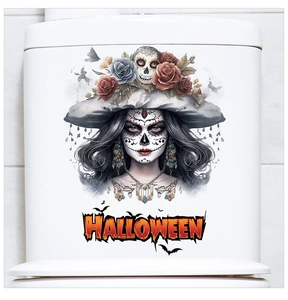 Halloween toilet sticker with a skeleton woman in rose hat and orange text decoration