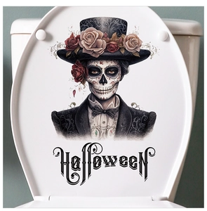 Detailed view of Halloween toilet lid sticker featuring a Day of the Dead skull and roses
