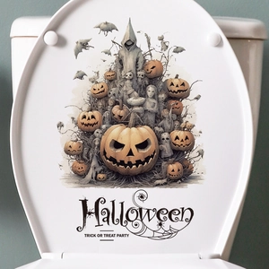 Halloween toilet seat decal featuring pumpkins, ghosts, and trick or treat party text