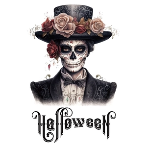 Gothic Halloween wall decal featuring a skull makeup figure with roses and top hat