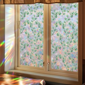 3D rainbow window film with green eucalyptus leaf pattern for home privacy decoration