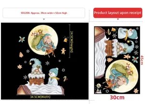 Detail of Christmas window stickers showing Santa and snowman layout with size measurements