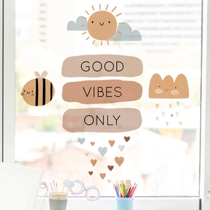 Bohemian cloud and sun wall stickers with Good Vibes text for kids room decor