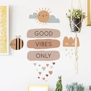 Cartoon sun and cloud wall stickers with Good Vibes Only text for children room