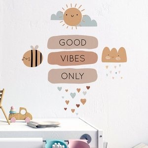 Morandi colors sun and cloud wall stickers with Good Vibes Only text for kids room decor
