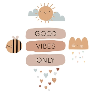 Cartoon sun and cloud wall decals with 'GOOD VIBES ONLY' for kids room decoration