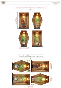 Detail view of 3D wall stickers featuring realistic potted plants and wooden alcove designs