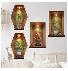 Detail of 3D wall stickers showing potted plants in alcoves with warm spotlight effects