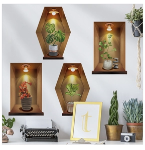 Detail of 3D decorative wall stickers with potted monstera plants in yellow light niches