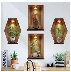 Detailed view of 3D niche wall stickers with green plants and warm spotlights