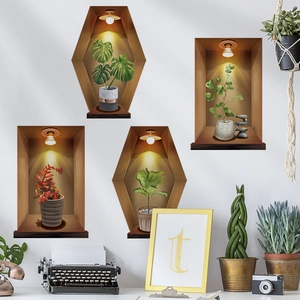 3D wall stickers featuring potted green plants in wooden frames with warm spotlight effects