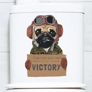Sticker de toilette chien carlin rigolo avec lunettes d'aviateur et signe de victoire