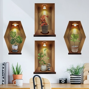 3D wall stickers featuring 4 realistic plant niches for living room and bedroom decor