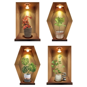 Modern 2x2 grid of 3D potted plant wall stickers with warm LED lighting and wooden base