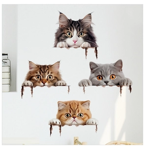 Realistic 3D exotic shorthair and tabby cat wall stickers peering through wall cracks