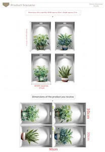 Detailed wall sticker layout dimensions showing 3D potted plants for home decoration