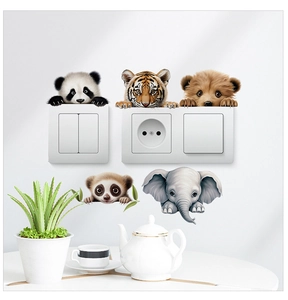 Detail of five cute cartoon animals stickers for wall switches and home sockets