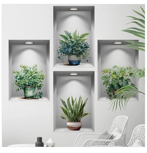 Detail showing 3D potted plant wall stickers with realistic shadows on a white wall