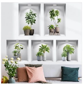 3D wall stickers showing realistic potted plants in niches for home decor and wall repair