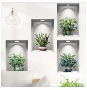 3D wall sticker detail showing lifelike potted plants and realistic shadow effects