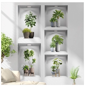 Detail showing 3D wall stickers of potted plants for home wall decoration and cover-up