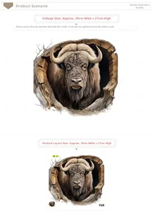 Detailed view of 3D yak wall sticker showing dimensions 29x27cm for toilet lid decor
