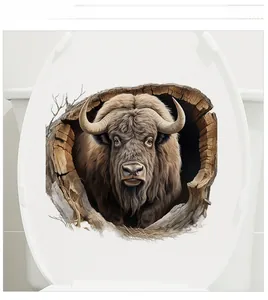 Macro detail of 3D yak animal sticker on a white toilet lid for bathroom decoration
