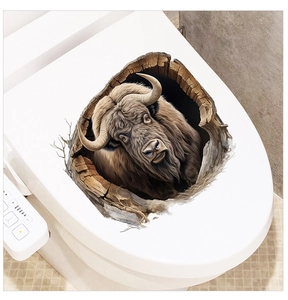 Detailed macro view of 3D waterproof toilet sticker featuring a realistic brown yak design