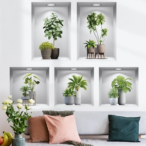3D realistic potted plant wall decals set for home living room decor over a sofa