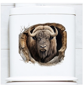 Macro detail of 3D yak wall sticker showing a realistic bull peeking from a tree hole