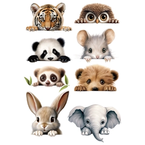 Peeking cartoon animals wall stickers featuring tiger owl panda and elephant for room decor