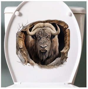 Detailed 3D highland cow sticker application on a white toilet lid for bathroom decor