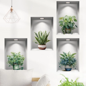 3D wall sticker set with potted plants and realistic shadow effects for home decor