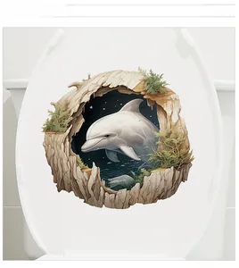 Detailed 3D view of a white dolphin jumping from a toilet lid sticker for bathroom decor