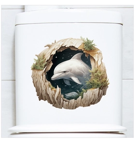 Macro view of 3D marine dolphin wall sticker with vivid ocean depth on white toilet
