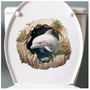 Detailed view of a 3D dolphin wall sticker on a white toilet lid with green leaf accents
