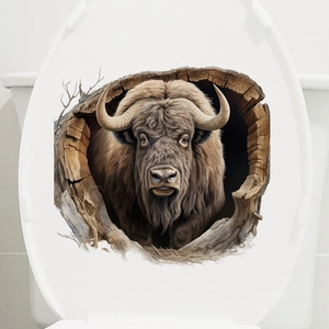 3D Realistic Bison Head Tree Hole Toilet Lid Sticker Waterproof Removable PVC Animal Decal For Bathroom Home Decor Wall Art