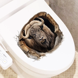 3D realistic yak animal wall sticker decor for white toilet lid in minimalist bathroom