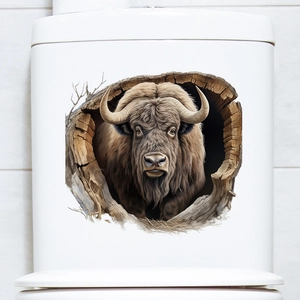 Realistic 3D ox animal toilet lid sticker with lifelike wood crack decorative decal