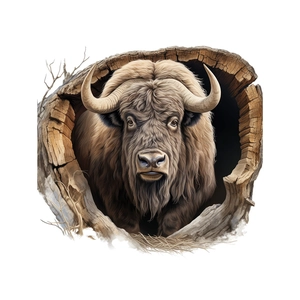 Creative 3D musk ox bathroom wall sticker showing a yak peeking from a hollow tree hole