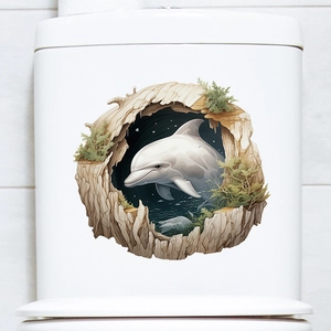 3D white dolphin toilet sticker popping out of a circular wooden frame with green leaves