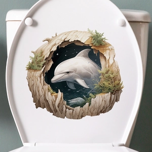 3D white dolphin toilet seat sticker with a realistic ocean nature design and waterproof finish