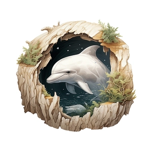 Creative 3D white dolphin jumping out of wood hole toilet seat wall sticker decal