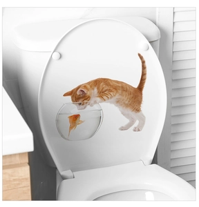 Sticker 3D pour abattant de WC représentant un chat mignon et un bocal à poisson rouge