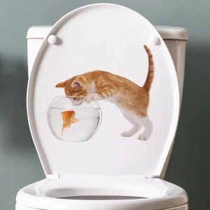 Sticker 3D Abattant WC Chat et Poisson Rouge PVC Amovible Imperméable Auto-Adhésif Décoration Salle de Bain Créative